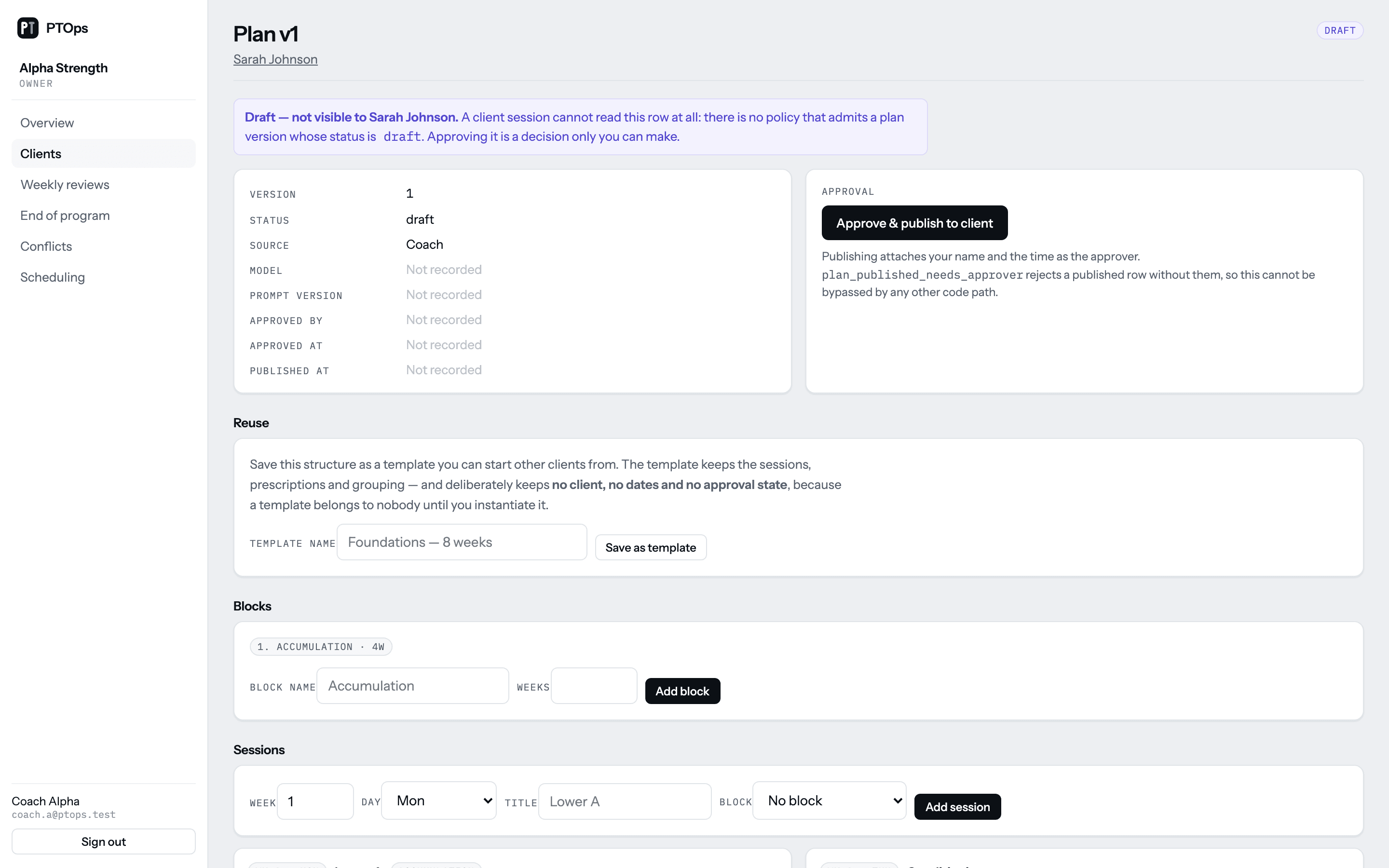 A draft plan in PTOps: a banner stating the client cannot see it, the source recorded as Coach with no model, and the approve and publish control.