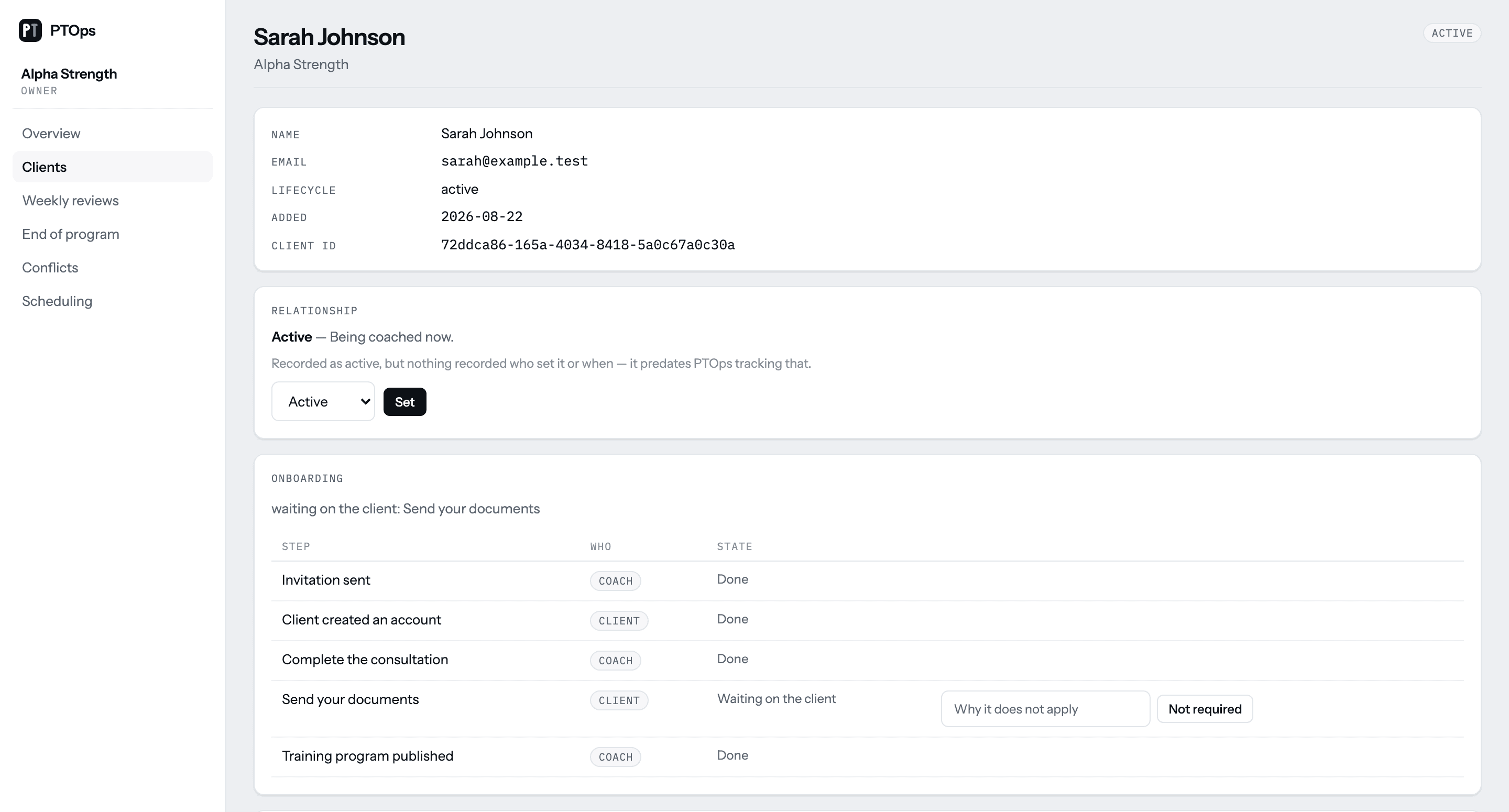 A client record in PTOps: identity and coaching status, and an onboarding list showing which steps are done and who each remaining one is waiting on.